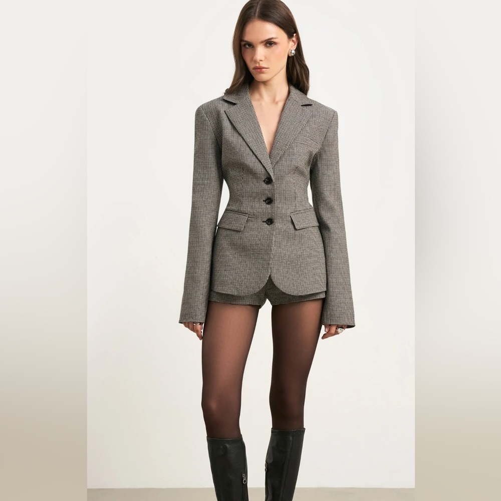 Single Breasted Cinched Waist Tailored Houndstooth Blazer